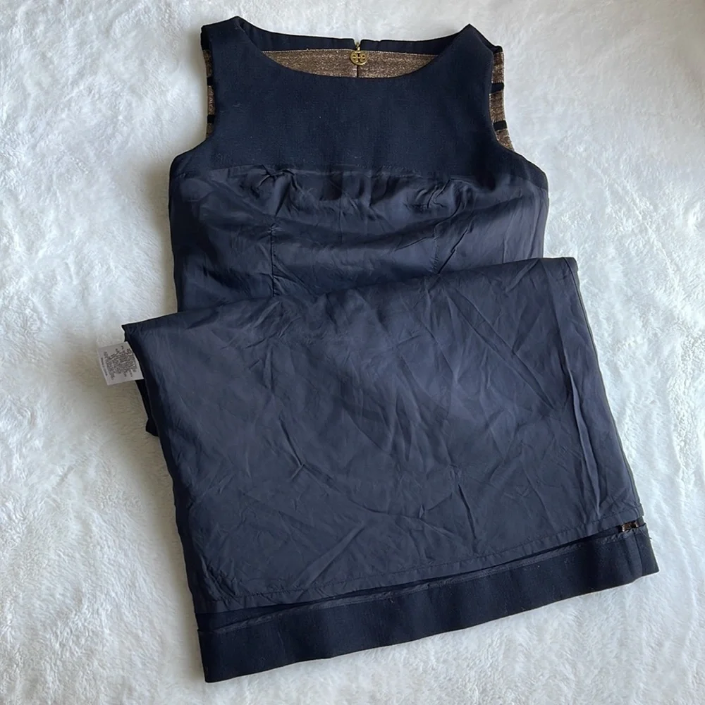 Tory Burch Simca Gold Lame’ Trim Crepe Black Dress Size 2